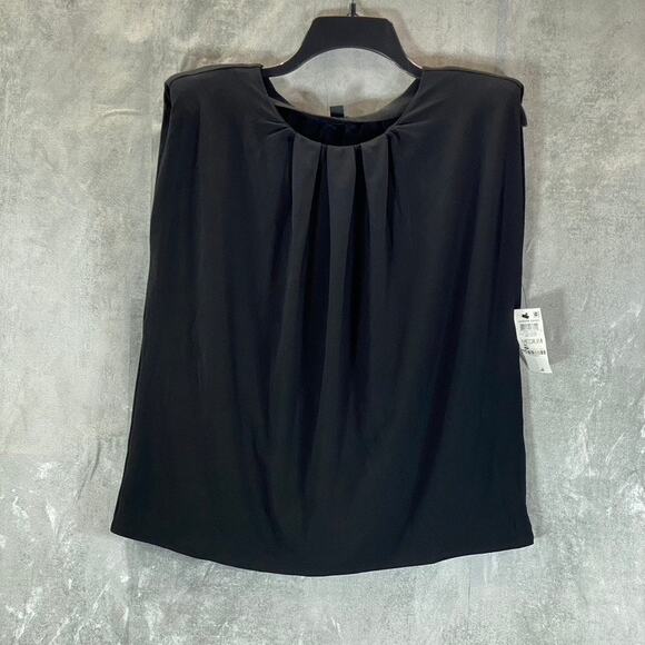 ALFANI Women's Deep Black Pleated Crewneck Cap-Sleeve Top SZ M - Picture 1 of 8